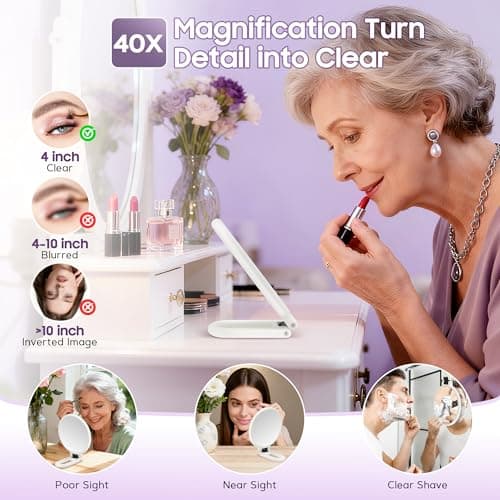 B Beauty Planet 40X Magnifying Mirror, Hand Mirror with Handle, Double Sided Hand Mirror with 40X/1X Magnification, Travel Essential Portable Foldable Makeup Mirror for Precision Makeup White - Thumbnail 6