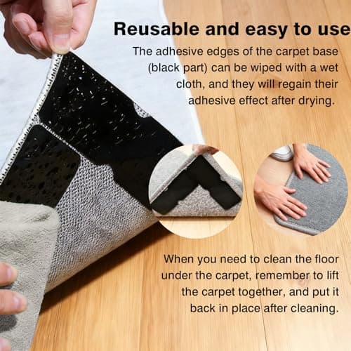 Washable Rug Grippers for Hardwood & Tile Floors, Reusable Non Slip Carpet Pads to Keep Corners Flat, Floor-Friendly Adhesive, Easy to Apply and Remove, Anti Curling Design (8 Pack) - Thumbnail 4