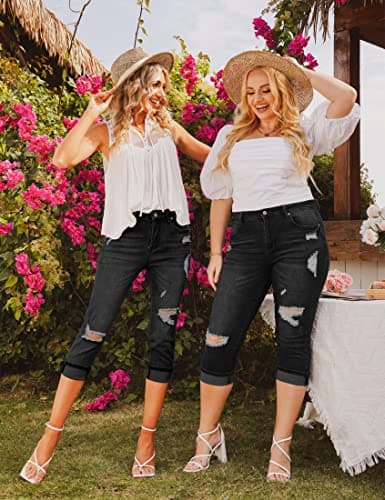 luvamia Women's Casual High Waist Ripped Capri Jeans Black Crop Jeans for Women Jeans Women Trendy Distressed Jeans Women Size 3X-Large Fits Size 24 / Size 26 - Thumbnail 2