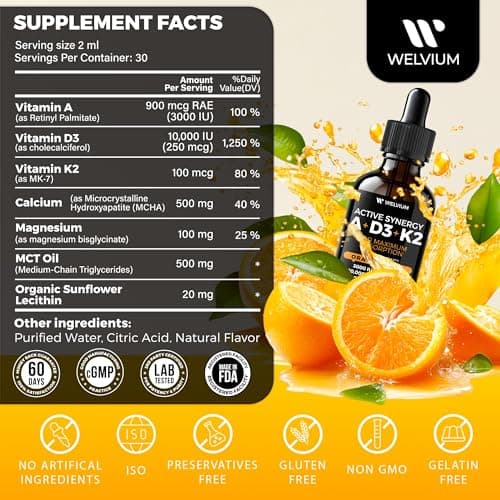 WELVIUM Liquid Vitamin D3 K2 Magnesium Liposomal Drops with 10000 IU Cholecalciferol, MK7, Vitamin A, Calcium, MCT Oil, Organic Sunflower Lecithin for Immune Bone Skin ADK Supplement - Thumbnail 3