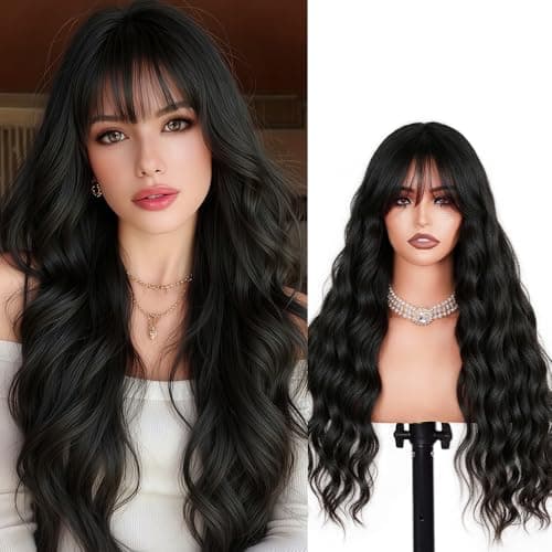 Potoki Long Wavy Black Wig With Bangs Synthetic Fiber Curly Wigs For Women 26 Inch Thick Soft Skin-Friendly Natural Looking Daily Use Heat Resistant Glueless Wig (Black) - Image 1