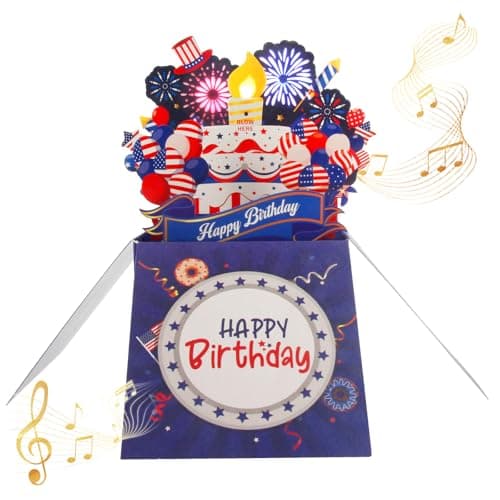 Happy Birthday Cards Fireworks, 250th Anniversary Birthday Card, American Flag Card, Lights, Music 3D Pop Up Birthday Cake Gift Card with Envelope & Note Tag for Veterans, Grandfathers, Fathers & Boys - Thumbnail 3