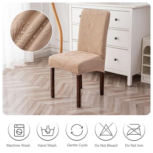 Genina Waterproof Dining Chair Covers Set of 4,Stretch Dining Room Chair Slipcovers with Leaf Jacquard,Removable Kitchen Chair Protector for Home,Restaurant,Banquet-Khaki - Thumbnail 5