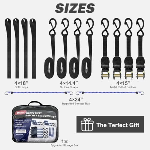 Motorcycle Tie Down Straps 1" x15' (4-Pack), Waterproof Carry Bag 2200lb Break Strength with Soft Loops & Coated S-Hooks for Truck, Trailer, ATV, UTV, Boat (Black) - Thumbnail 6