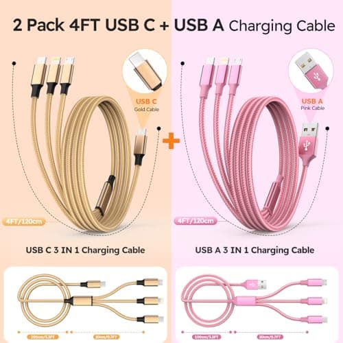 USB A + USB C Multi Charging Cable 4ft 2Pack 3 in 1 Charger Cord, Multiple Nylon Braided Cable USB Charging Cable Multi Phone Charger Cord with Type C Micro Lightning USB Connectors for Cell Phones - Thumbnail 2