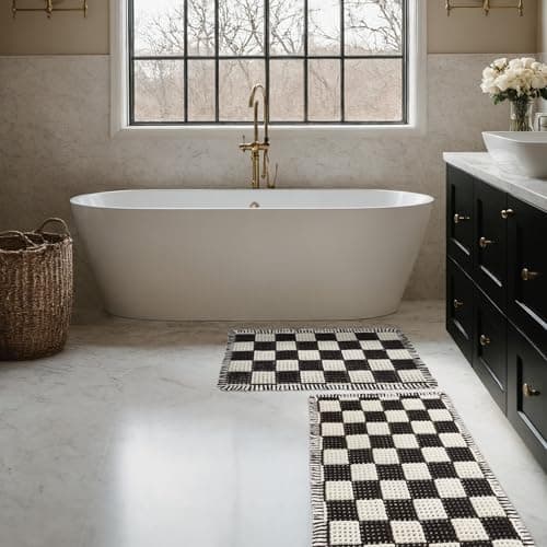 MatEssenz 2 Piece Checkered Bath Mat Set (17"x24" & 18"x30"), Black and White Waffle Weave Bathroom Rugs with Tassels, Non-Slip Quick Dry Shower Mats, Machine Washable Skin-Friendly Boho Decor - Thumbnail 3