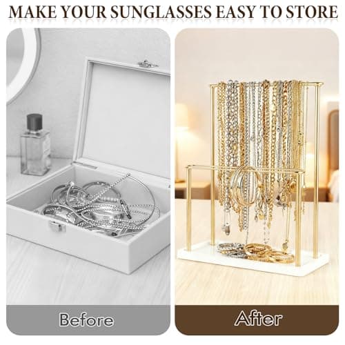Himake Sunglasses Organizer Glasses Holder Stand for 28 Pairs of Eyewear, 2 Tier Eyeglasses Display ,Gold Sunglass Storage Rack Metal Frame with Wood Base for Table Desk Countertop Dresser Bedroom - Thumbnail 5