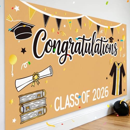 2026 Graduation Decorations - Graduation Banner DIY - Class of 2026 Congratulations Congrats Banner, 61 x 32 Inch Black and Gold Photo Backdrop for Kindergarten High School College Party Wall Decor - Thumbnail 4