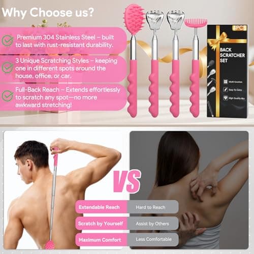 Gumry Versatile Back Scratcher - Portable Telescoping Extendable Back Massager Tool with Different Heads & Rubber Handles, Stocking Stuffers & Birthday Gifts for Women, Mom, Her, Men - Pink - Thumbnail 4
