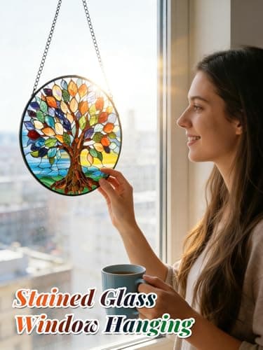 Stained Glass Window Hanging, Colorful Tree of Life Suncatcher for Door Home Decor, Glass Panel Sunrise Sun Catcher Ornament Mother's Day Birthday Gifts for Women Men Mom 6.3 in - Thumbnail 2