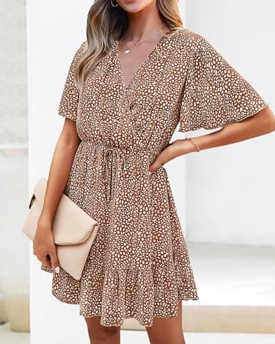 KIRUNDO Womens Summer Dresses 2026 Casual Spring Short Sleeve V Neck Ruffle Floral Print High Waist Belted Flowy Mini Dress(Coffee, Large) - Thumbnail 6
