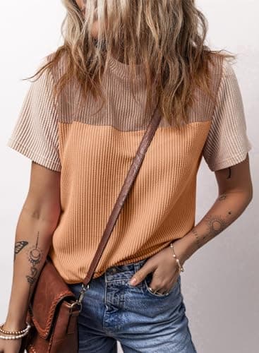 Dokotoo Womens Shirts Color Block Short Top Cute Pullover Ladies Tees & Blouse Spring Summer Business Casual t Shirts Blouses for Women Fashion 2025 Khaki Medium - Thumbnail 5