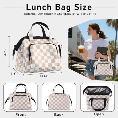U+U Reusable Lunch Bag for Women Men Leakproof Lunch Tote Bag with Adjustable Strap, Holds Lunch Box, Snacks, Fruits for Work, Picnic or Travel - Insulated, Large Capacity, Waterproof(Khaki Checkered) - Thumbnail 3