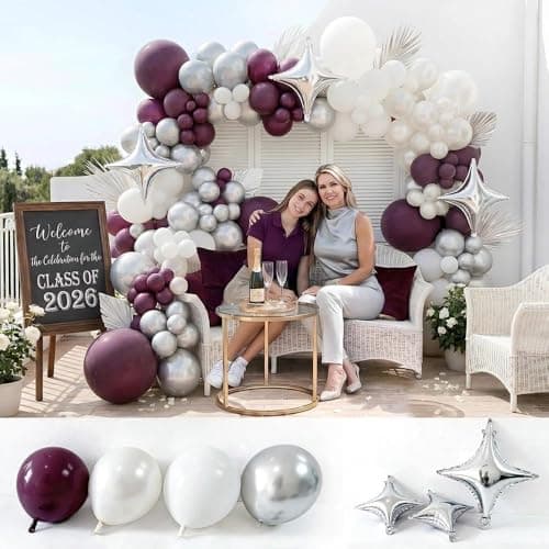Double Stuffed Burgundy, Pearl White, Silver Balloon Arch Garland Kit - Thumbnail 3