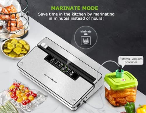 Bonsenkitchen Vacuum Sealer Machine, Stainless Steel Food Sealer Vacuum Sealers with 1 Roll & 5 Bags, 5 Food Vacuum Modes, Built-in Cutter & Bag Storage (Silver Black) - Thumbnail 5