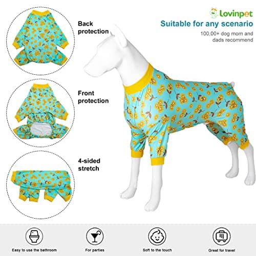 LovinPet Pajama for Pitbulls - Pet Anxiety Relief, Sun Protection Dog Pajamas, Comfy Stretchy Fabric, Mint Flower Print, Big Dog Post Surgery Recovery Shirt, Large Breed Apparel,Yellow XXL - Thumbnail 3