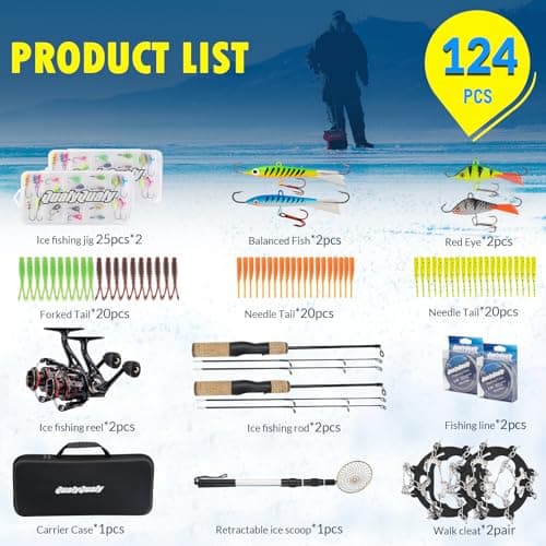 QualyQualy Ice Fishing Rod and Reel Combo, 28'' Ice Fishing Rod Set with Inline Reels Ice Cleat Jig Heads and Fishing Line Ice Fishing Gear Ice Fishing Jig Line (28‘‘ Fishing Combo-2 Packs) - Thumbnail 2
