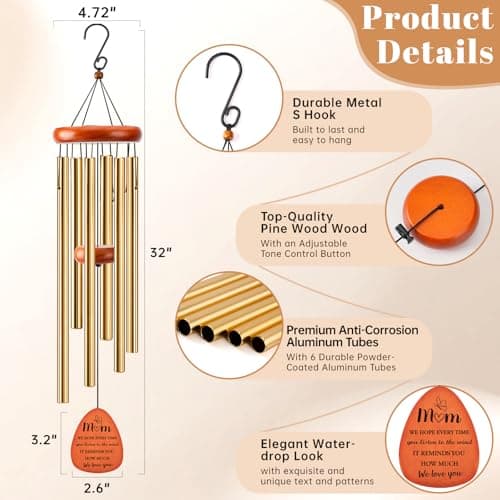 32" Wind Chimes Birthday Gifts for Mom from Daughter Son, Mom Birthday Gifts Mothers Day, Gold - Thumbnail 3