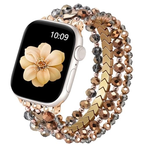 Lerobo Beaded Bracelets Bands Compatible with Apple Watch Bands for Women Girl 44mm/46mm/42mm/45mm, Cute Dressy Crystal Replacement for iWtach Series 11 10 9 8 7 6 5 4 3 SE 3 2 1, Coffee - Image 1