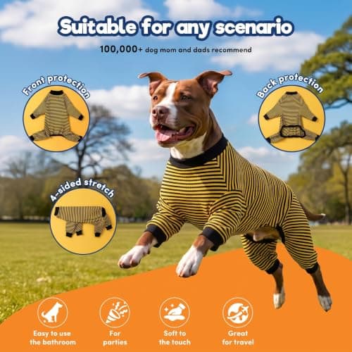 LovinPet Dog PJS Clothes for Giant Dogs, Pitbull Pure Cotton Yellow and Black Stripe Dog Shirt, 4-Legged Design, Full Body Coverage, Pajamas for Pitbulls, Onesies for Dogs, Large - Thumbnail 3