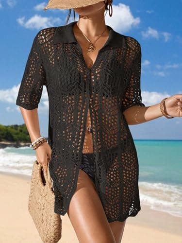 BreathSunny Womens Crochet Knit Swimsuit Coverup Caridgan Summer 2026 Polo Collar Button Front Hollow Out Mesh Swimwear Coverups Beach Swim Bikini Bathing Suit Cover Up Mini Shirt Dress Black L - Thumbnail 6
