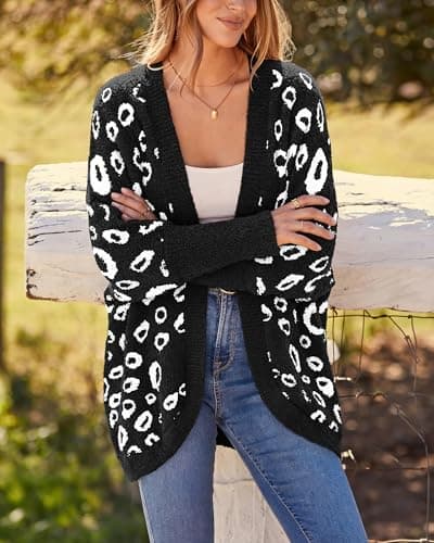 BTFBM Leopard Cardigan for Women Long Sleeve Open Front Cardigans Sweaters Pockets Loose Knit 2026 Fall Winter Outwear(Black, Large) - Thumbnail 5