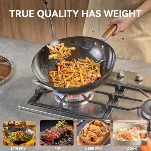 WANGYUANJI Carbon Steel Wok 14.2", Large Nitriding Flat Bottom Stir Fry Pan with Lid, No Chemical Coating Rust Resistant Iron Skillet for Induction Electric Gas Stoves, Big Capacity Serves 6+ - Thumbnail 2