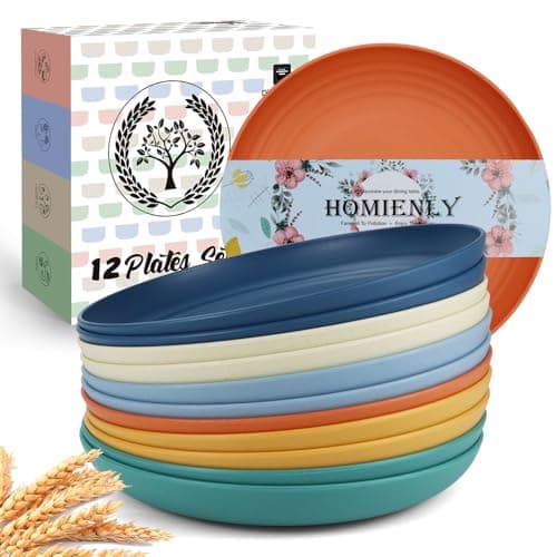 Homienly Wheat Straw Plates, 12-Pieces Unbreakable Dinner Plates - 9 Inch Alternative to Plastic Plates, Unbreakable Microwave and Dishwasher Safe Plate Set for Kitchen, Camping, Party - Multi