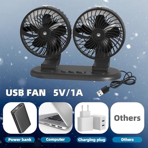 XKV Car Fan 5V Portable Auto Cooling Misting Fan Dual Head Rotatable USB Vehicle Fans 2 Speeds Strong Wind Electric Air Circulation Fans for Car Dashboard Truck SUV Sedan RV Van Boat Golf Cart - Thumbnail 5
