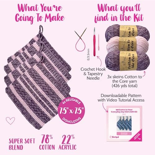 KnitPal Everyday Joy Crochet Kit for Confident Beginners – Make 4 Reusable 7.5 x 7.5 in Dishcloths – with Cotton to The Core Yarn (#3 DK), Hook, Patterns & Video Tutorials (Plum Purple + Blush Pink) - Thumbnail 3
