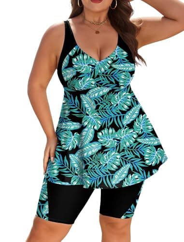 Arolina Women Plus Size Swim Top Tummy Control Plus Size Full Coverage Swimsuits with Shorts Swim Suits 2026 Blue Leaves (24W) - Image 1