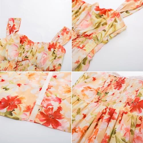 2025 Women's Summer Sleeveless Off Shoulder Floral Flowy A Line Maxi Dresses Light Orange Red M - Thumbnail 5