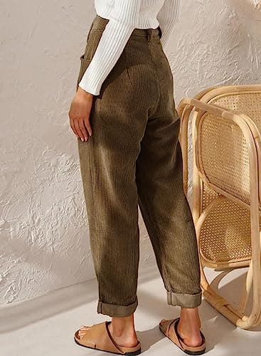 Womens Corduroy Pants Casual High Waisted Straight Leg Vintage Trousers for Women with Pockets Brown US 14 - Thumbnail 2
