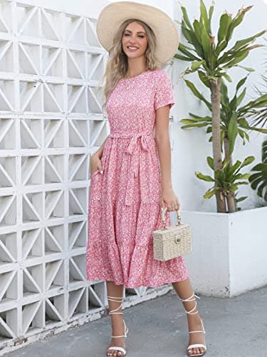 Lyrur Womens Short Sleeve Midi Dress with Pockets Pink Floral Crewneck Tiered Ruffle Casual Summer Sundress(S,9191-Pink Floral) - Thumbnail 3