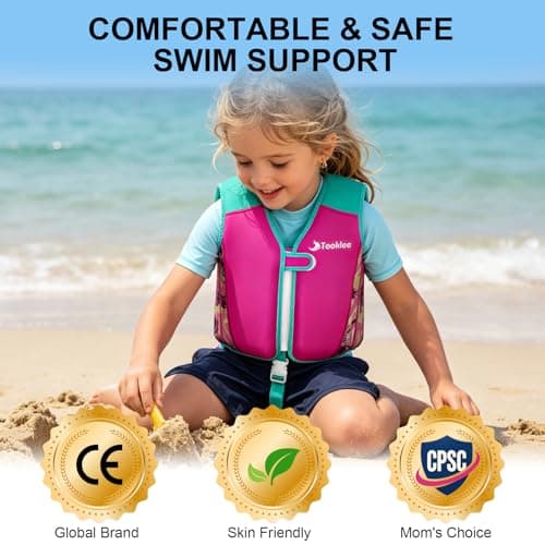 Tooklee Kids Swim Vest for Girls 1-2-3-5-7-9 Years Old, Toddler Swim Vest 20-30-40-80 Pounds with Adjustable Buoyancy for Swimming Trainer, Kids Pool Floaties Jacket with Crotch Strap, Pink, L - Thumbnail 2