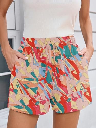 Heymoments Wide Leg Shorts Women Lightweight Lifeful Color Block Medium High Waisted Flowy Dressy Loose Fit Summer Ladies Cute Beach Trousers with Pockets - Thumbnail 2