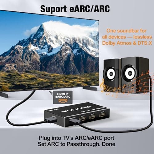 HDMI 2.1 Switch 3 in 1 Out with Remote, 4K 120Hz HDMI Switch, Support ARC/eARC, HDCP2.3, HDR10, ALLM/VRR, CEC, Dolby Audio, Compatible with PS5/PS4, Xbox Series X, Roku, Apple TV, Fire TV - Thumbnail 3