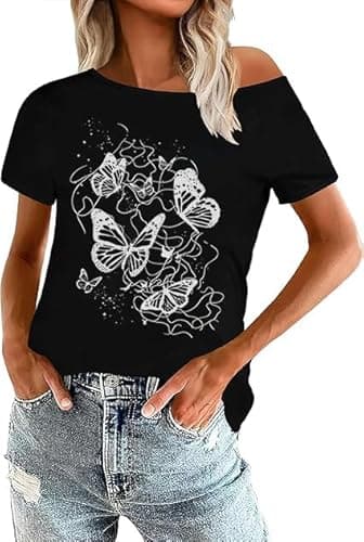 QIXYN Butterfly Shirts for Women Off The Shoulder Asymmetrical Tops Goth Graphic Tees Loose Short Sleeve Trendy T Shirts - Image 1