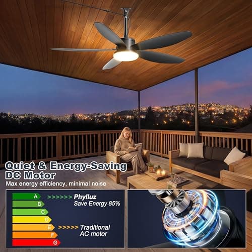 Phylluz Outdoor Ceiling Fan with Lights, 48 Inch Plug in Gazebo Fans with Remote APP Control, Quiet DC Motor, Dimmable 3CCT, Waterproof Hanging Fans for Patios, Porch, Black - Thumbnail 3