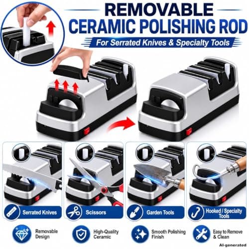 4-in-1 Electric Knife Sharpener, Professional 2-Stage Diamond Sharpening System for Straight/Serrated Knives, Scissors & Polishing Rod, Kitchen Blade Sharpener - Thumbnail 4