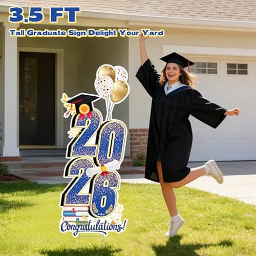 2026 Graduation Decorations Yard Sign, 3.5 FT Tall Class of 2026 Congrats Grad Yard Sign with Stakes for Outdoor Indoor Graduation Party Garden Lawn Decoration Supplies(Blue Gold) - Thumbnail 4