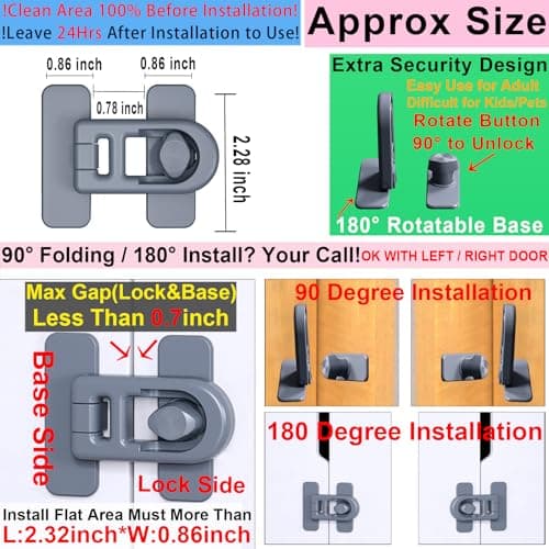 Bstsilver Refrigerator Lock 90 Degree Childproof for Cabinet Door Corner Drawer Freezer RV Oven Cupboard Closet, Fridge Latches Petproof Baby Proofing for Toddler Cat, Upgraded Adhesive (gray) - Thumbnail 2