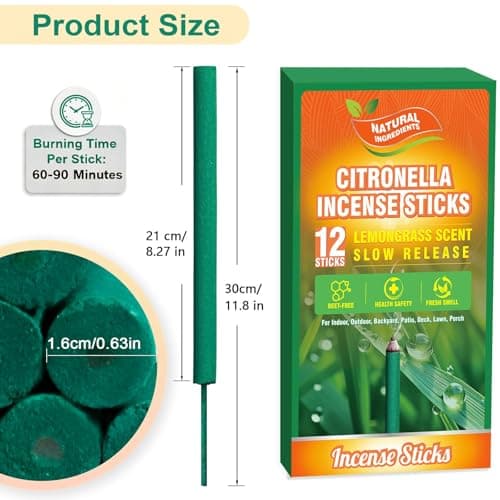 FIRIK Large Citronella Incense Sticks Outdoor, Thick Citronella Incense, Natural Lemongrass Incense Sticks for Home Pool Side Garden, Patio, Camping Trips, Porches, Courtyards, Farm, Backyard, 12 PCS - Thumbnail 2
