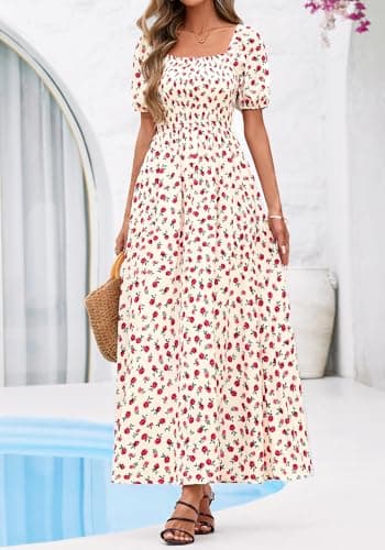 BTFBM Spring Summer Dresses for Women 2026 Puff Short Sleeve Smocked Floral Print Boho Beach Wedding Guest Maxi Dress(Floral Apricot Rose Red, XX-Large) - Thumbnail 2