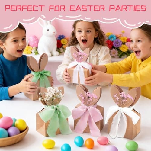 TOLGOE Easter Bunny Goodie Gift Bags - 24 Pcs DIY Boho Rabbit Ear Paper Gift Boxes with Dried Flowers & Ribbon for Candy Treats, Neutral Spring Party Favors for Classroom Birthday - Thumbnail 6