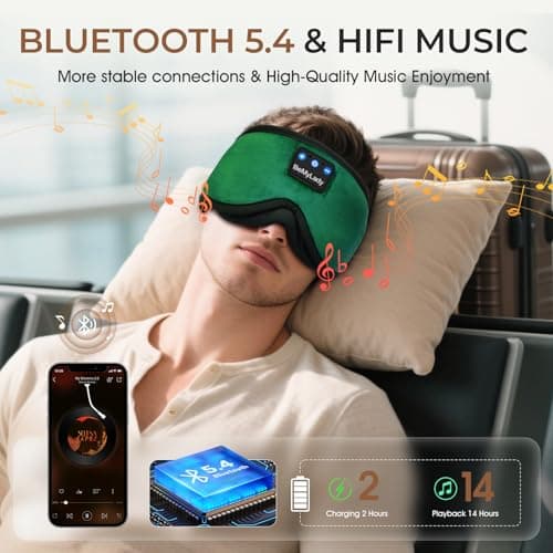 BeMyLady Sleep mask Headphones,100% Blackout 3D Zero Eye Pressure Bluetooth Sleep mask Breathable Eye mask with Bluetooth Headphones Sleep Headphones for Side Sleepers 14H Playtime&Bluetooth 5.4 Green - Thumbnail 5