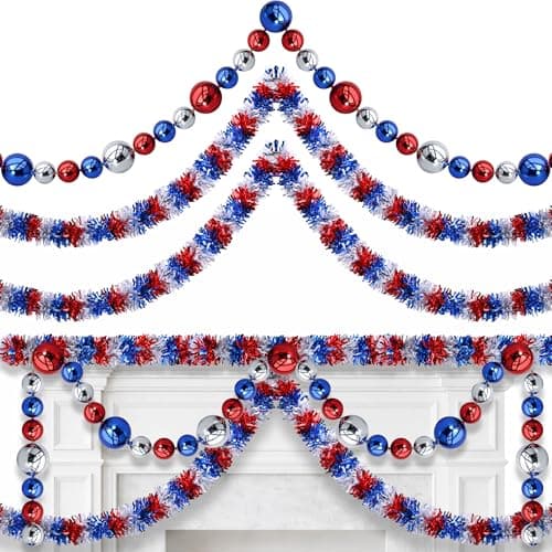 3 Pcs Jumbo 4th of July Beads Garlands Decoration, 23 Ft Patriotic Red White Blue Bead Ball Tinsel Garland, Independence Day Bead Ornament Metallic Hanging Garlands for 250th Anniversary Memorial Day