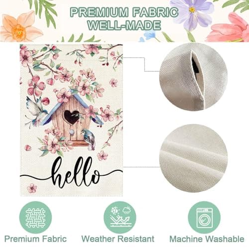 Baccessor Spring House Flag, Pink Bird House Cherry Blossoms Large Yard Flag for Outside Double Sided Burlap Porch Decor 28 x 40 Inch - Thumbnail 5