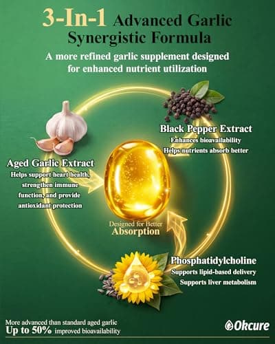 Okcure Aged Garlic Extract, 300 Softgels Odorless Garlic Supplement, 3-in-1 (Black Pepper + Phosphatidylcholine) for Heart & Immune Support, Standardized for SAC, Organic, Non-GMO, Gluten-Free - Thumbnail 3
