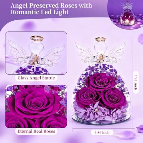 Puppiluv Preserved Rose Gifts for Women, Forever Flowers Eternal Roses in Glass Angel Figurines, Fresh Flowers for Delivery Prime, Birthday Gifts for Mom Her Wife Grandma on Anniversary, Pure Purple - Thumbnail 2